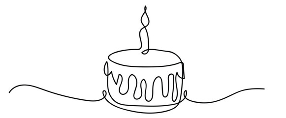 Birthday cake in continuous line art drawing style. Traditional birthday cake with candle on the top minimalist black linear sketch isolated on white background. Vector illustration