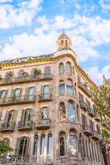 Fototapeta premium Barcelona, Spain - November 26, 2021: Facade of the Casa Sayrach building by Manuel Sayrach on Avinguda Diagonal in Barcelona. Architectural masterpiece in the style of the last modernista, 1918