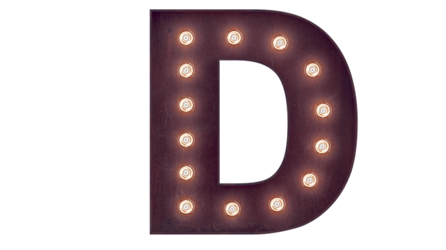 Light bulb glowing letter alphabet character D font. Front view illuminated capital symbol on black background. 3d rendering illustration. Casino letters. - Powered by Adobe