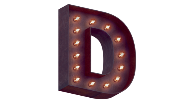Light bulb glowing letter alphabet character D font. Perspective view illuminated capital symbol on black background. 3d rendering illustration. Casino letters