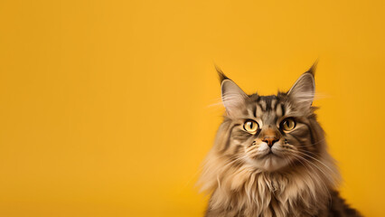 Main coon cat post on yellow background with copyspace (Generative AI)