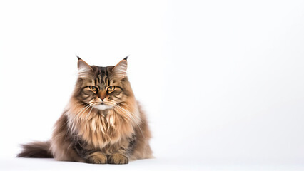 Main coon cat post on white background with copyspace (Generative AI)