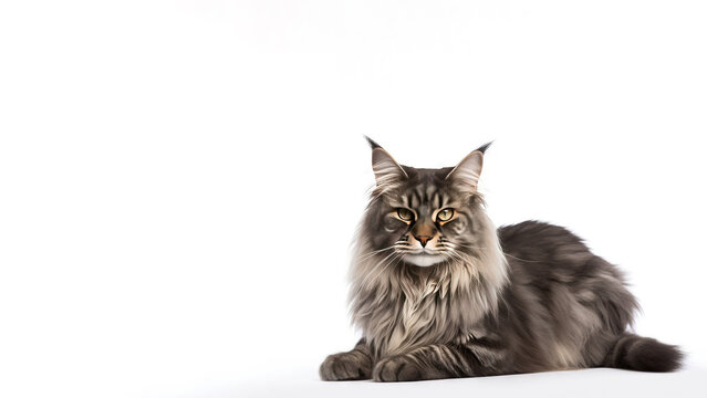 Main coon cat post on white background with copyspace (Generative AI)