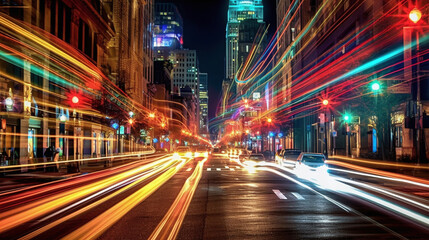Fototapeta na wymiar Long exposure busy street, created with Generative AI illustrations