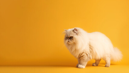 Persian cat post on yellow background with copyspace (Generative AI)