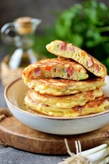 Pancakes pizza with smoked meat, pepper, mushrooms, cheese and green onions