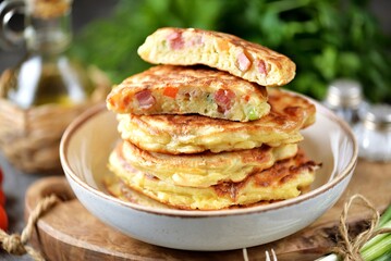 Pancakes pizza with smoked meat, pepper, mushrooms, cheese and green onions