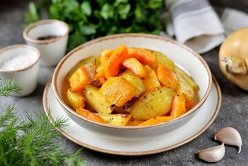 Baked potatoes with pumpkin, olive oil and Provencal herbs