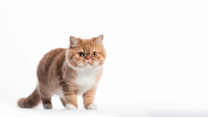 Fototapeta na wymiar Exotic shorthair cat post on white background with copyspace (Generative AI)
