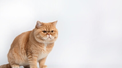 Exotic shorthair cat post on white background with copyspace (Generative AI)