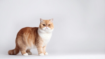 Obraz premium Exotic shorthair cat post on white background with copyspace (Generative AI)