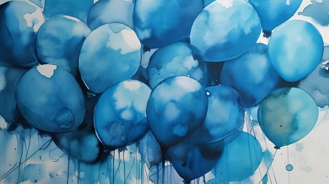 Festive background of blue balloons made in watercolor style, idea for Father's Day or Grandparents' Day, poster or postcard. Generative AI.