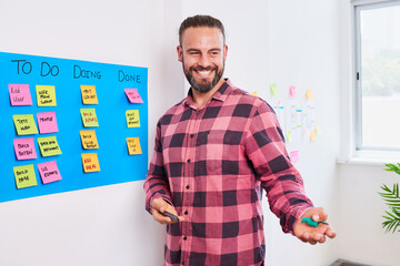 White man with ponytail writes on scrum board for sprint planning, product owner