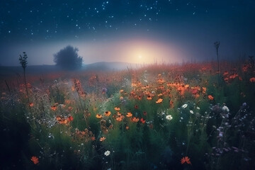 field of wildflowers at night