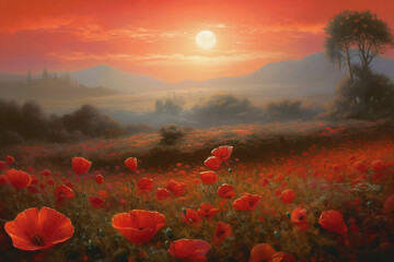 meadow with red poppies at colorful sunset