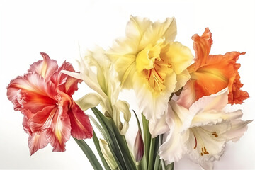 still life with colorful gladioli on white background