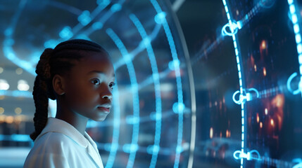 Generative ai young black scholar girl in futuristic technology classroom