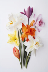 still life with colorful gladioli on white background