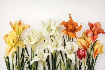 still life with colorful gladioli on white background