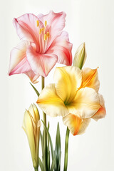 still life with colorful gladioli on white background