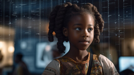 Generative ai young black scholar girl in futuristic technology classroom