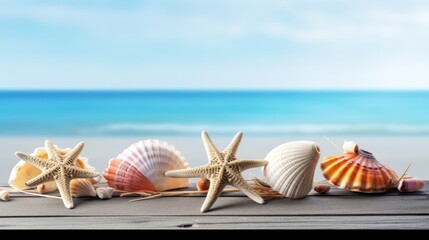 Fototapeta na wymiar Summer Memories: Seashells on Blue Wood, a Beachy Reminiscence, generative ai