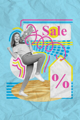Vertical collage of black white gamma delighted funky girl hold water gun raise fist excited sale proposition isolated on blue paper background