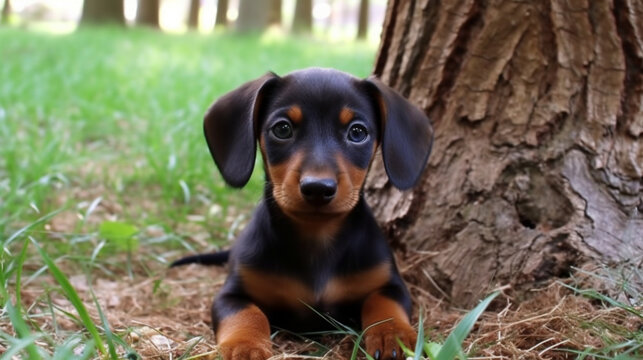 A dachshund puppy laying in the grass