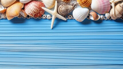 Summer Memories: Seashells on Blue Wood, a Beachy Reminiscence, generative ai