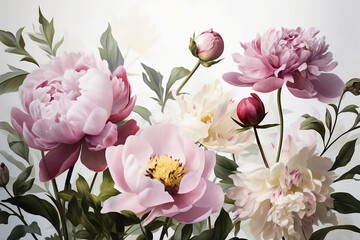 still life with blooming peonies on light background