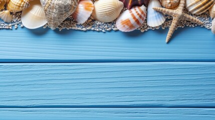 Fototapeta na wymiar Summer Memories: Seashells on Blue Wood, a Beachy Reminiscence, generative ai