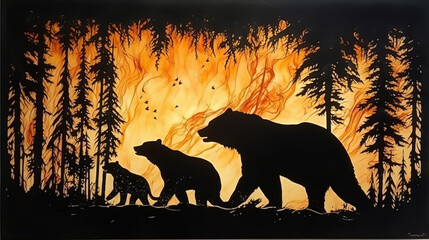 Silhouette of brown bear and her cubs with arson fire.