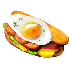 A painting of a sandwich with an egg on it. breakfast, toast, fried egg, sausage, ham.