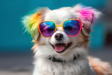 Cute puppy with colorful sunglasses , symbolic of LGBTQ campaign , Generative Ai