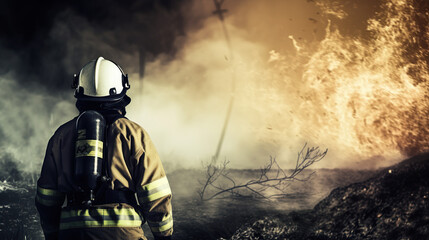Naklejka premium Firefighter from back walking towards the forest fire.