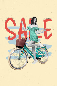 Vertical collage picture of excited astonished black white effect pretty girl bicycle sale promotion isolated on beige background