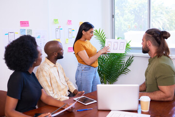 UX team member presents design, mobile app development, brainstorm meeting