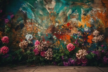 Naklejka na ściany i meble Vibrant grunge-style floral graffiti design. Generative AI