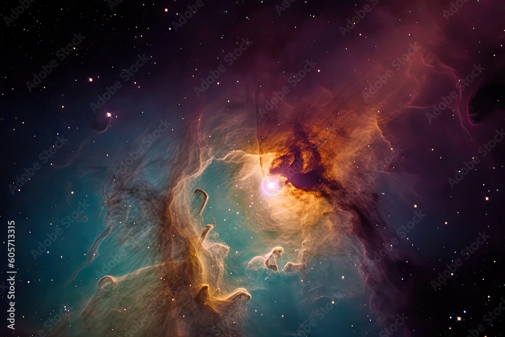 Wall mural spaceship flying through nebula with stars in the background, created with generative ai