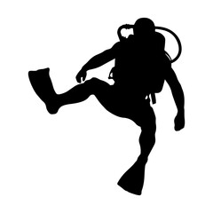 Vector illustration. Scuba diver silhouette underwater.