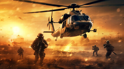Fototapeta na wymiar military helicopter transports soldiers. Generative AI