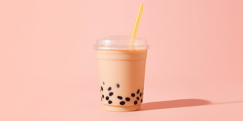 Ice buble or boba milk tea in plastic cup with straw on flatlay pink background, copy space for text. Summer drink with ice. Generative AI photo or 3d render imitation.