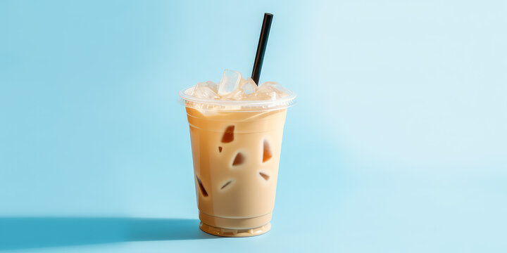 Caramel Ice buble or boba milk tea in plastic cup with straw on flat blue background, copy space for text. Summer drink with ice. Generative AI photo or 3d render imitation.