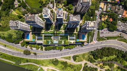 condominium of luxury buildings, seen from above, very green, swimming pools in São Paulo, Brazil
