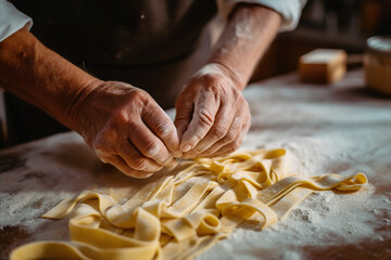 A man is making homemade pasta on a table. Generative AI. - obrazy, fototapety, plakaty