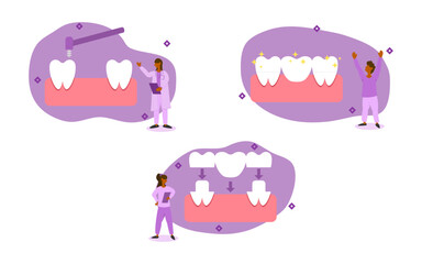 dental prosthetics illustration set. dentist is sharpening teeth to prepare for bridge. dental bridges bring back damaged teeth. dental crown and brigde treatment concept. vector illustration.