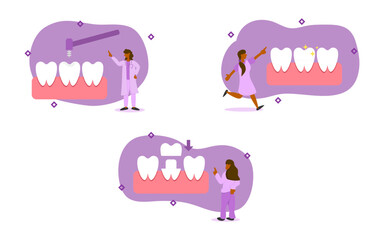 dental prosthetics illustration set. dentist is sharpening tooth to prepare for crown. crown to make the permanent tooth less damaged. dental crown treatment concept. vector illustration.