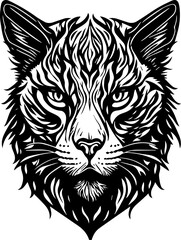 Tattoo style rage wild cat head front view logo emblem, heraldry, lines, black and white, isolated, branding, sign	