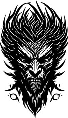 Tattoo style rage mythologic god head front view logo emblem, heraldry, lines, black and white, isolated, branding, sign	