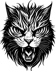 Tattoo style rage cat head front view logo emblem, heraldry, lines, black and white, isolated, branding, sign	
